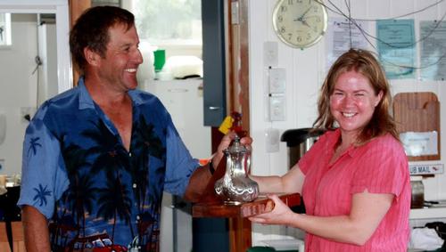 Class President Colin Shanks presenting the DFL Trophy to Sarah Dunley. Photo: Hamish Norton © Antje Muller